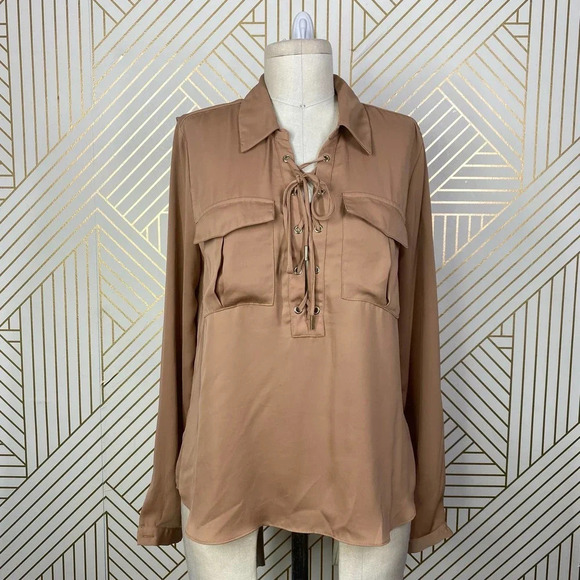 L’Academie Lace Up Long Sleeve Blouse Brown / Tan - Picture 1 of 10